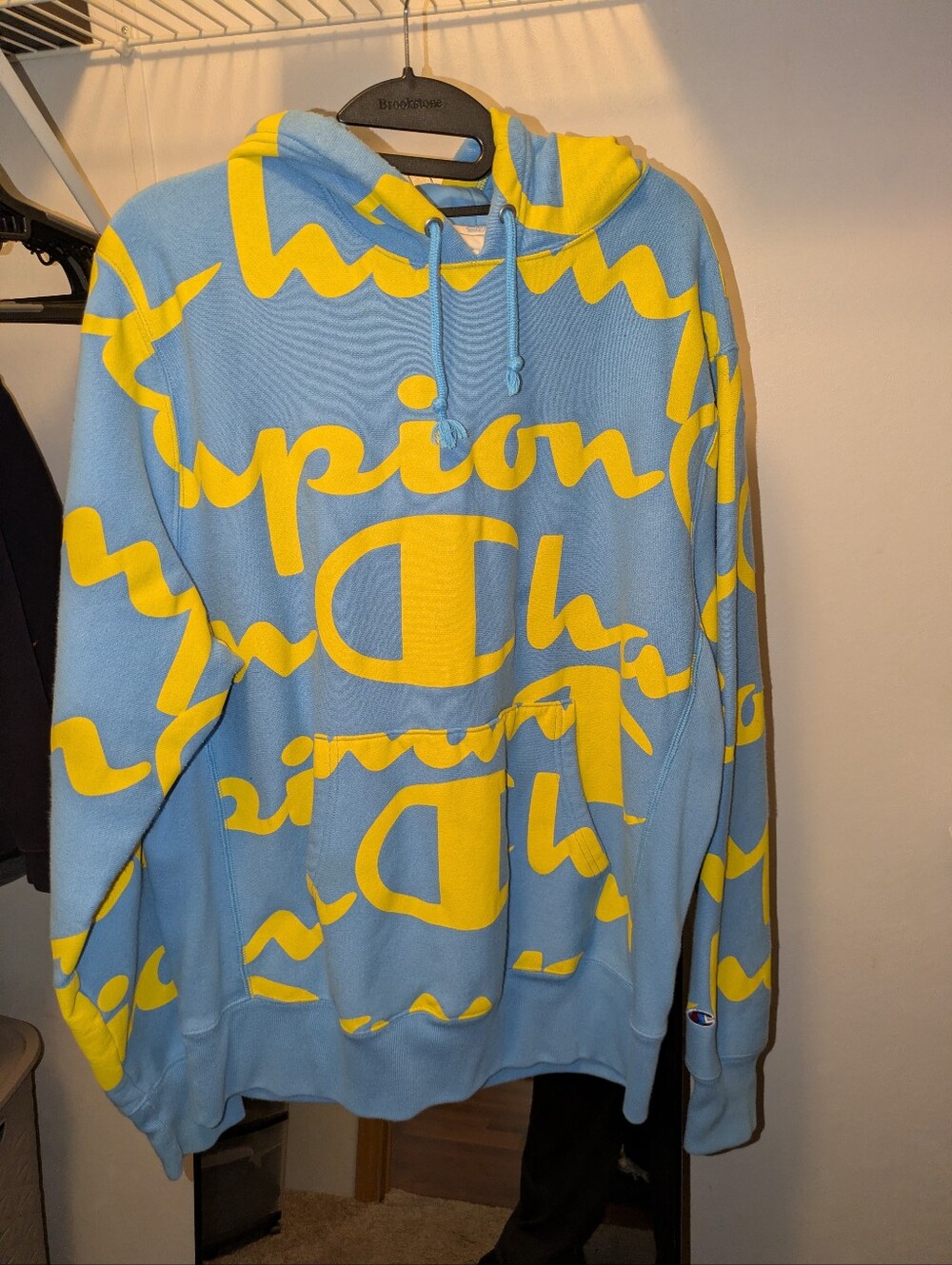 Champion Blue and Yellow Allover Script Hoodie